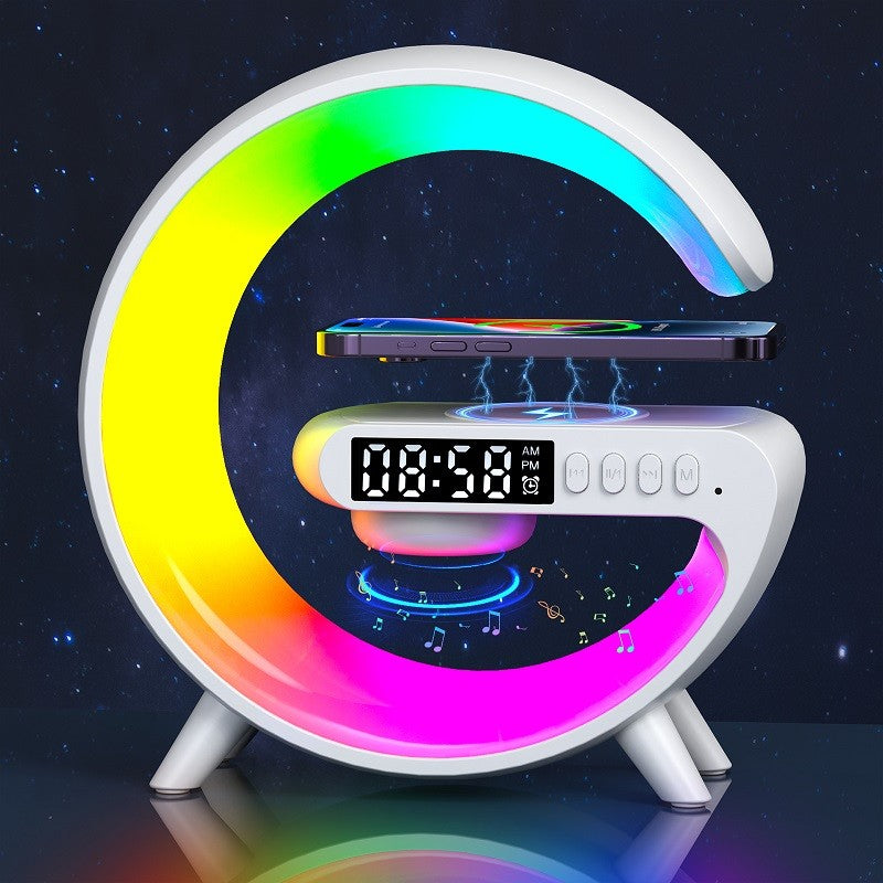 G63 Bluetooth Speaker with Wireless Charger, Wake-Up Light & Atmosphere Lamp – AUX/TF/FM/USB Modes | Multi-Light & Sound Modes