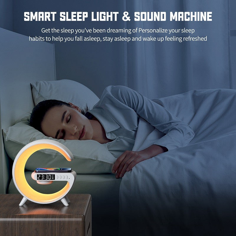 G63 Bluetooth Speaker with Wireless Charger, Wake-Up Light & Atmosphere Lamp – AUX/TF/FM/USB Modes | Multi-Light & Sound Modes