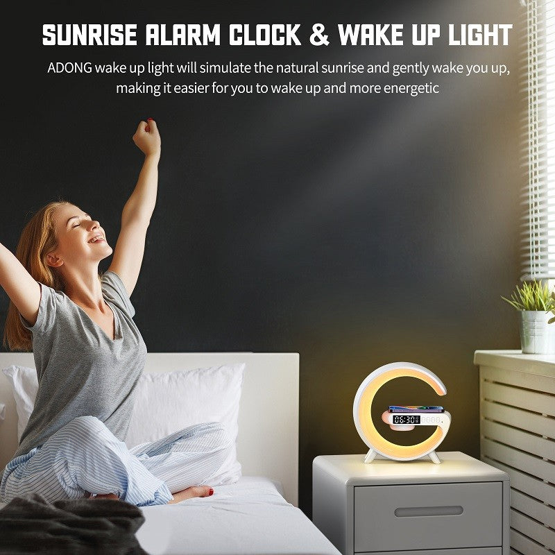 G63 Bluetooth Speaker with Wireless Charger, Wake-Up Light & Atmosphere Lamp – AUX/TF/FM/USB Modes | Multi-Light & Sound Modes