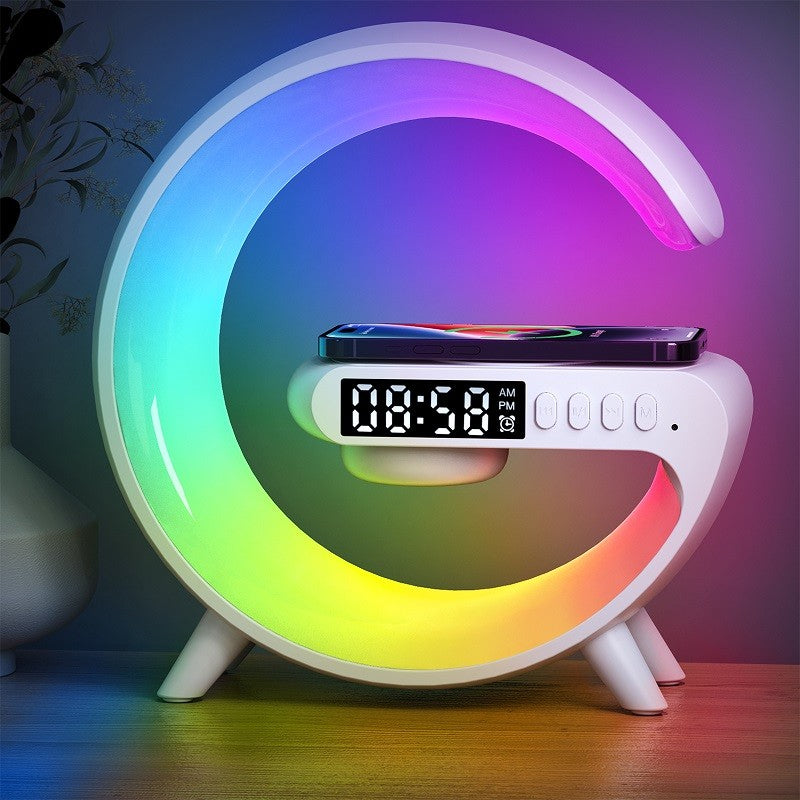 G63 Bluetooth Speaker with Wireless Charger, Wake-Up Light & Atmosphere Lamp – AUX/TF/FM/USB Modes | Multi-Light & Sound Modes