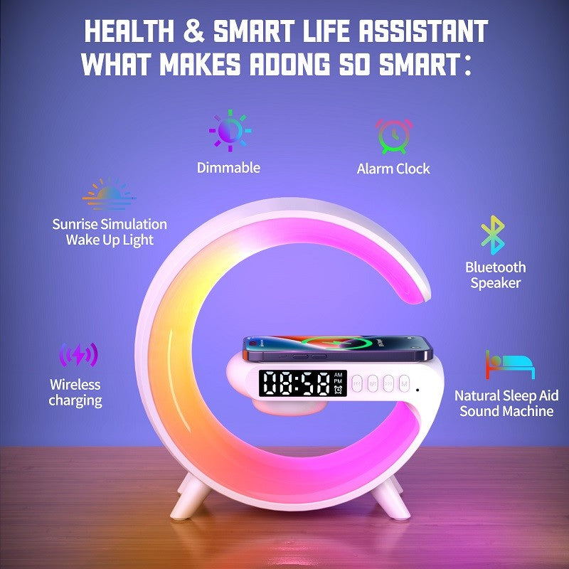 G63 Bluetooth Speaker with Wireless Charger, Wake-Up Light & Atmosphere Lamp – AUX/TF/FM/USB Modes | Multi-Light & Sound Modes