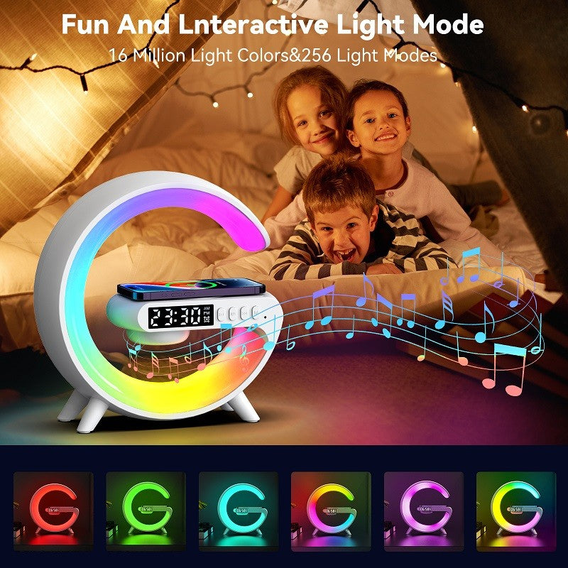 G63 Bluetooth Speaker with Wireless Charger, Wake-Up Light & Atmosphere Lamp – AUX/TF/FM/USB Modes | Multi-Light & Sound Modes