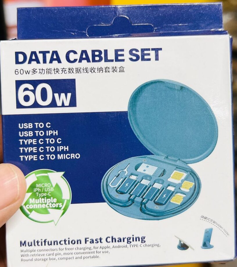 60W Fast Charging Data Cable Storage Box – 3-in-1 Multifunctional Cable Kit with SIM Storage & Phone Stand