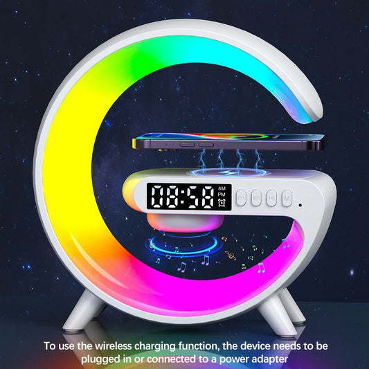 G63 Bluetooth Speaker with Wireless Charger, Wake-Up Light & Atmosphere Lamp – AUX/TF/FM/USB Modes | Multi-Light & Sound Modes