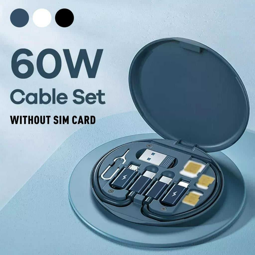 60W Fast Charging Data Cable Storage Box – 3-in-1 Multifunctional Cable Kit with SIM Storage & Phone Stand